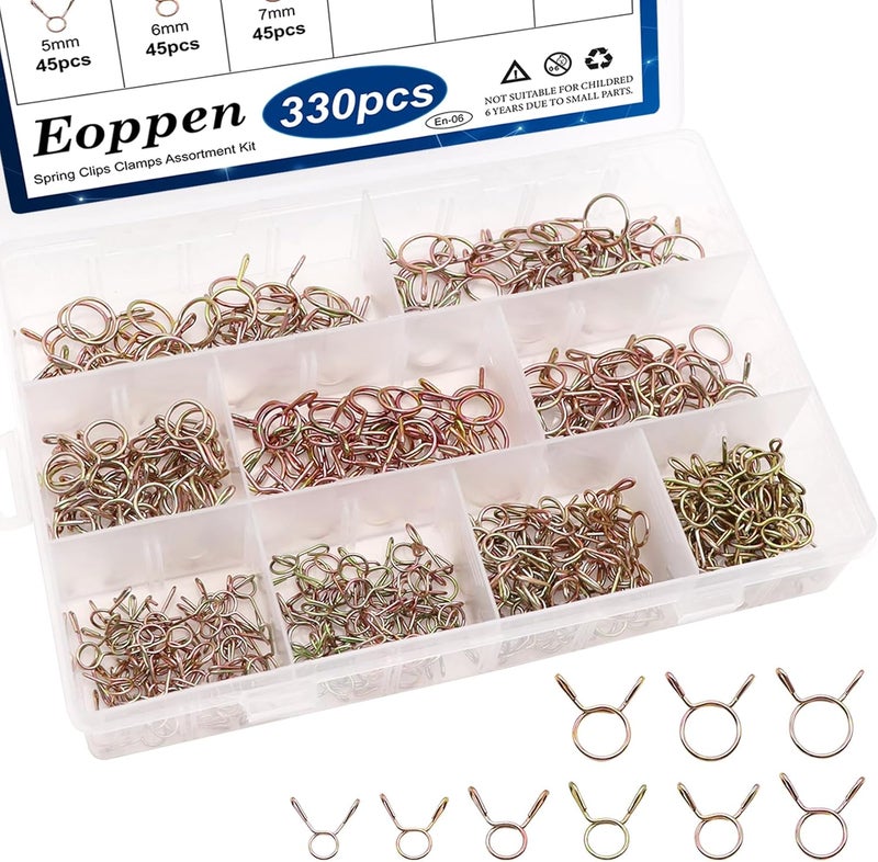 Eoppen 330pcs 5-13mm Spring Hose Clamps Small Hose Clamps Fuel Line Hose Water Pipe Air Tubing Spring Clips Clamps Assortment Kit (9 Sizes) - Image 1